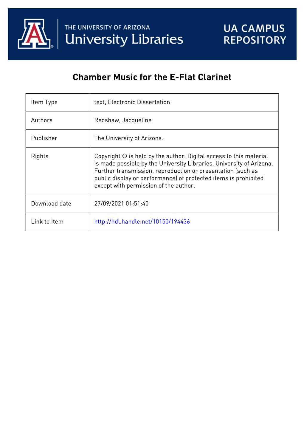 CHAMBER MUSIC for the E-FLAT CLARINET by Jacqueline Gail Eastwood Redshaw ---A Document Submitted to the Facult