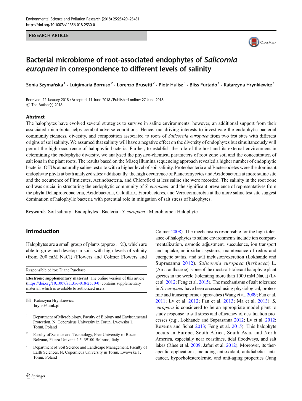 Bacterial Microbiome of Root-Associated Endophytes of Salicornia Europaea in Correspondence to Different Levels of Salinity