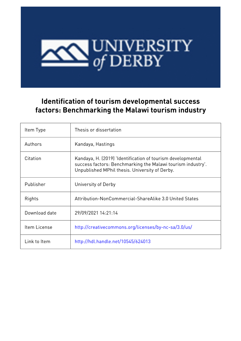 Identification of Tourism Developmental Success Factors: Benchmarking the Malawi Tourism Industry Table of Contents Page