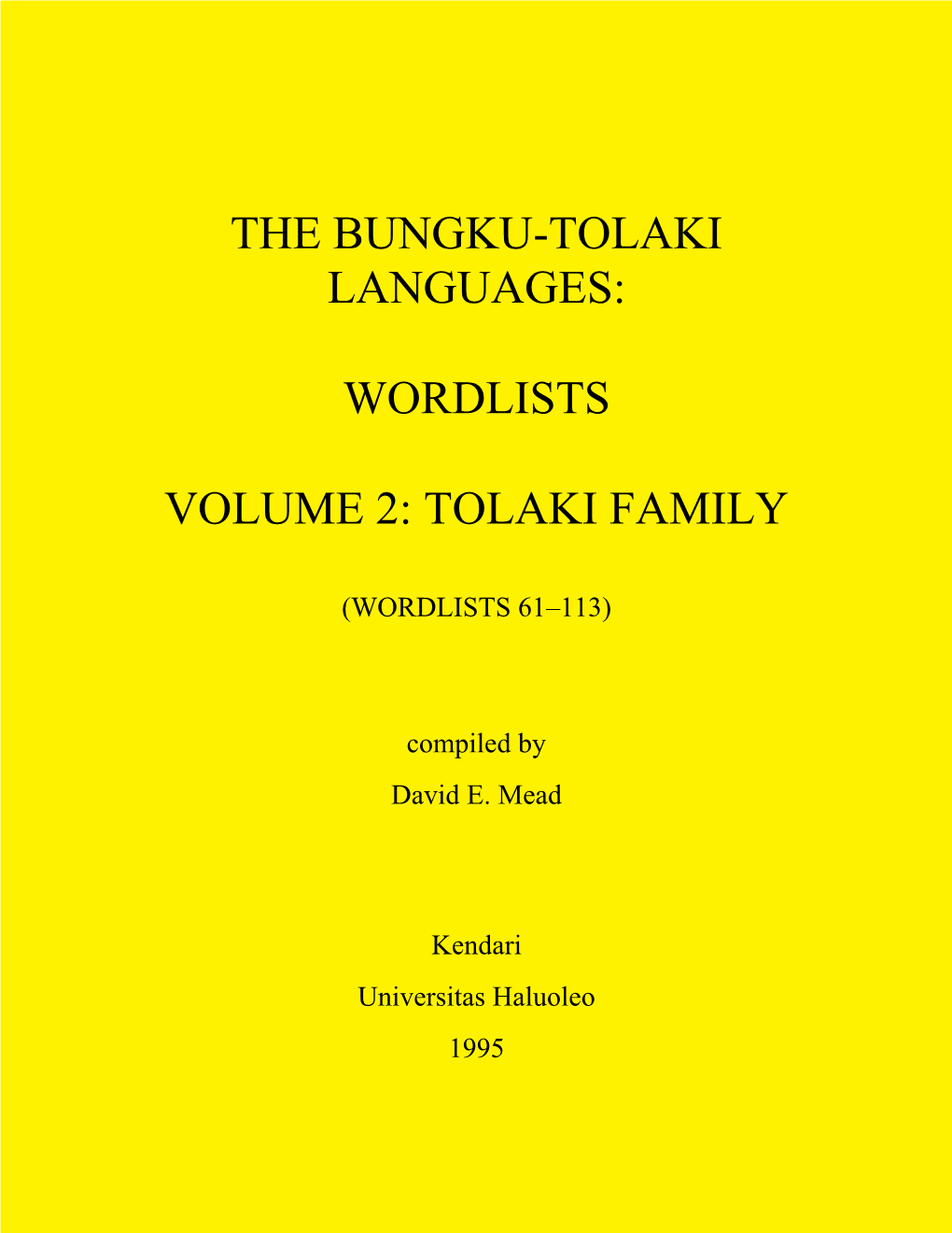 Bungku-Tolaki Languages: Wordlists, Volume 2: Tolaki Family