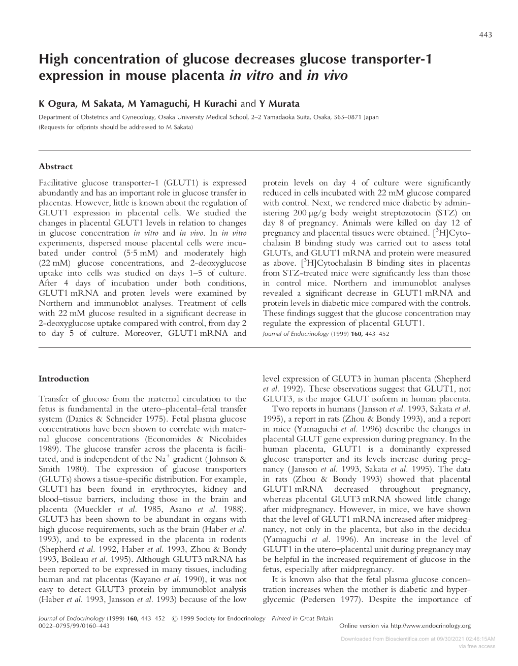 Downloaded from Bioscientifica.Com at 09/30/2021 02:46:15AM Via Free Access 444 K OGURA and Others · Inhibition of Placental GLUT1 Expression by Glucose