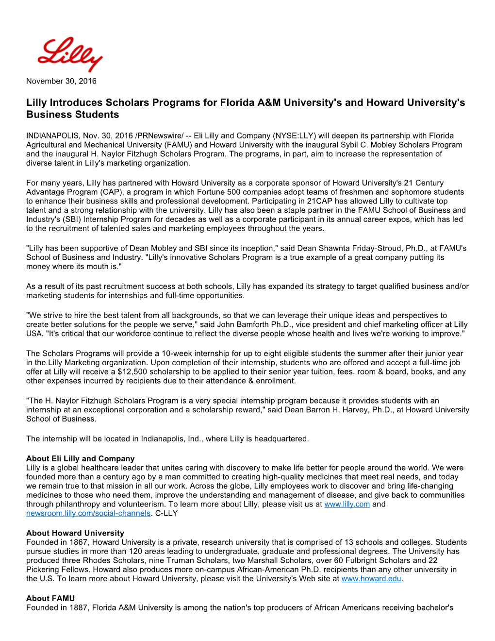 Lilly Introduces Scholars Programs for Florida A&M University's And