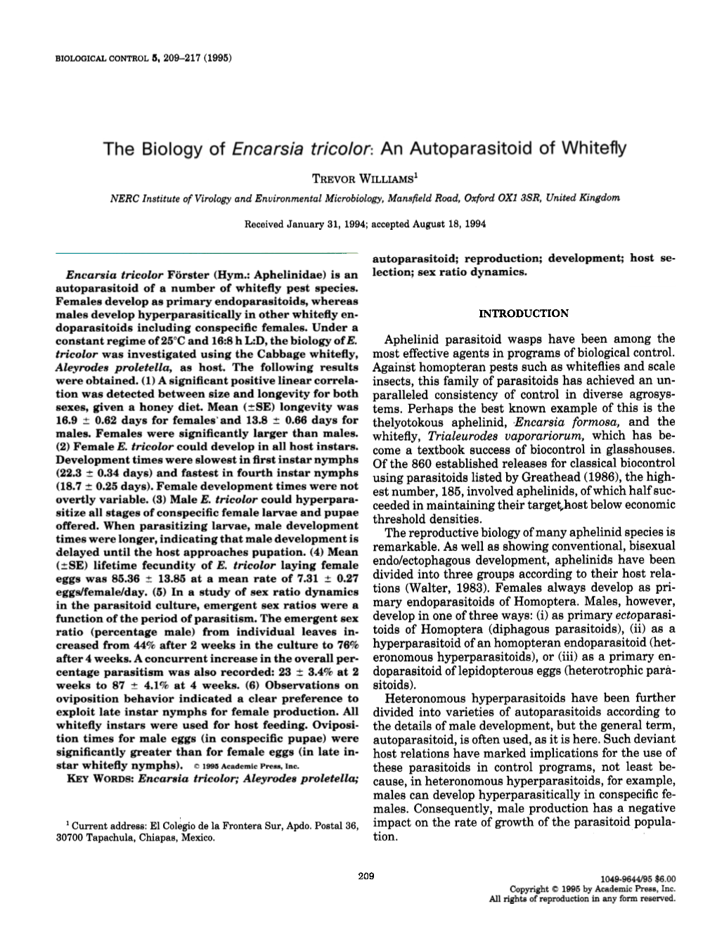 The Biology of Encarsia Tricolor: an Autoparasitoid of Whitefly