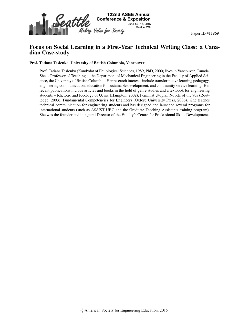 Focus on Social Learning in a First-Year Technical Writing Class: a Cana- Dian Case-Study