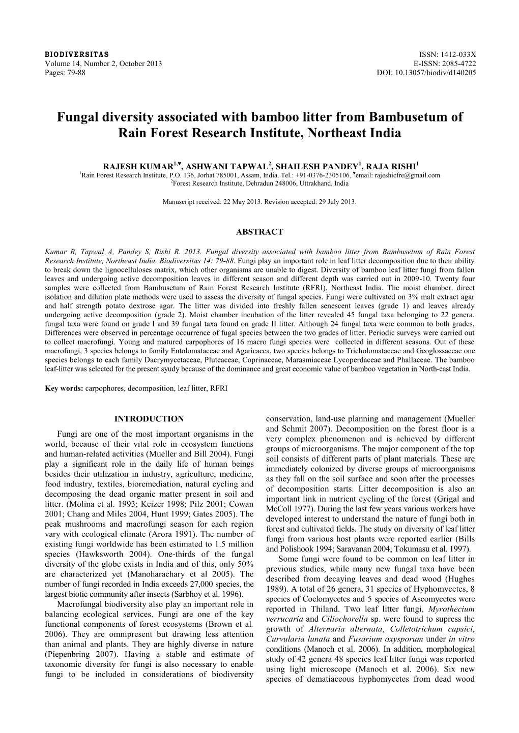 Fungal Diversity Associated with Bamboo Litter from Bambusetum of Rain Forest Research Institute, Northeast India