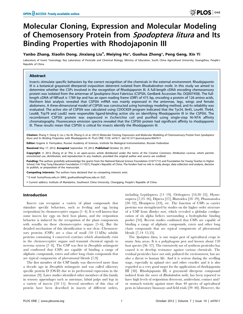 Molecular Cloning, Expression and Molecular Modeling of Chemosensory Protein from Spodoptera Litura and Its Binding Properties with Rhodojaponin III