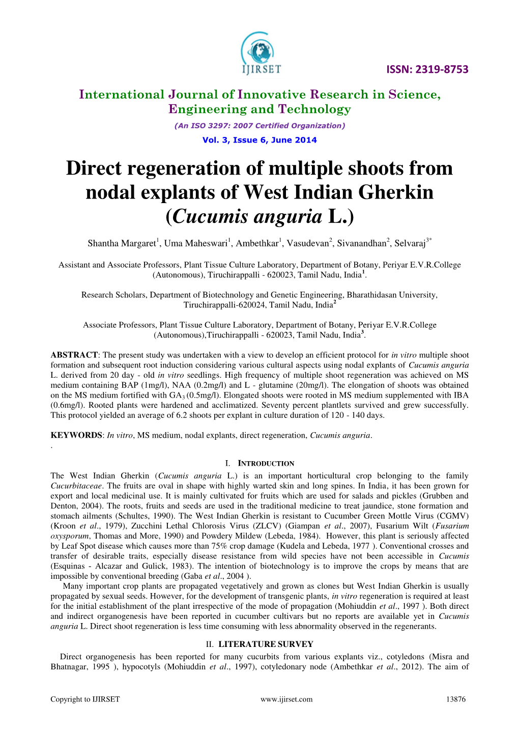 Direct Regeneration of Multiple Shoots from Nodal Explants of West Indian Gherkin (Cucumis Anguria L.)
