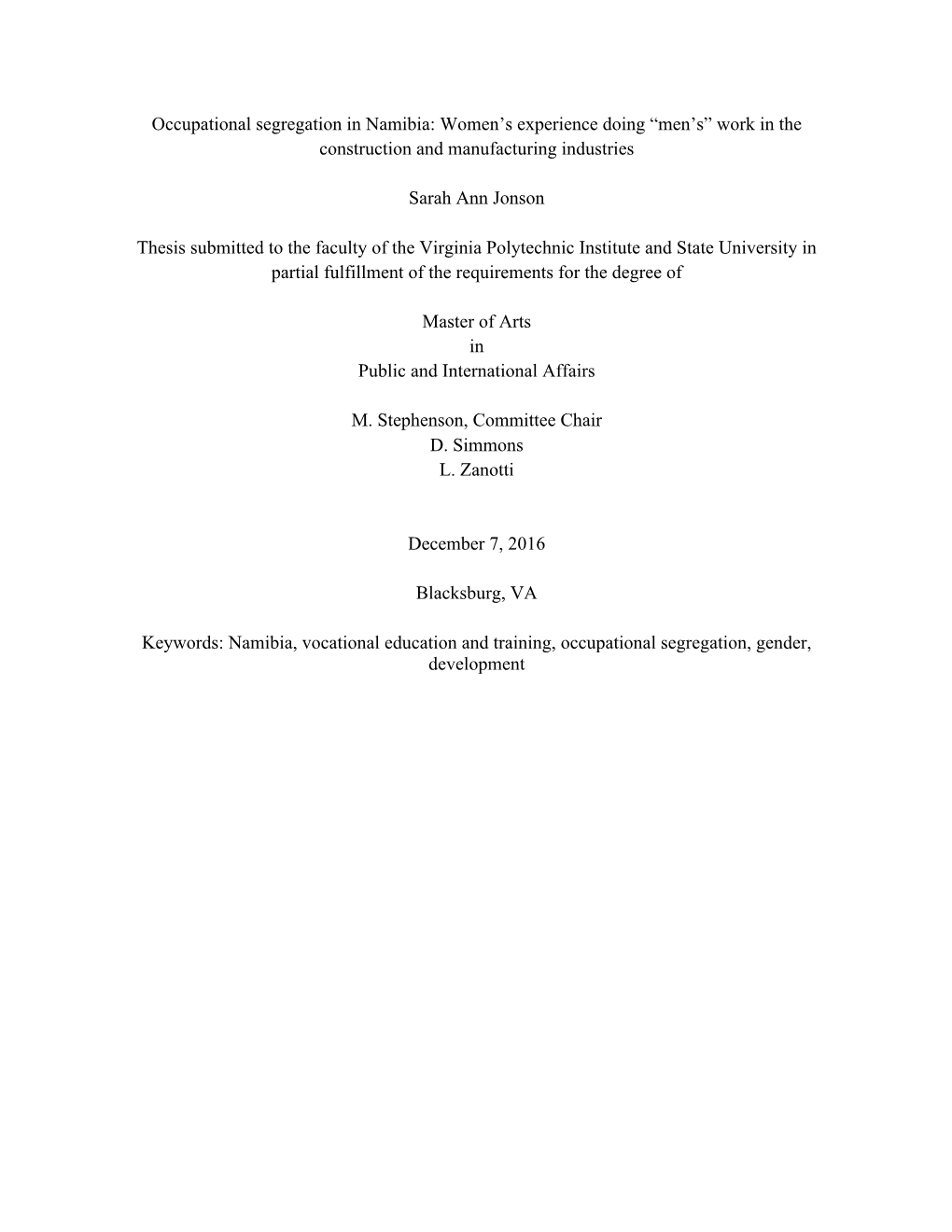 Occupational Segregation in Namibia: Women's Experience