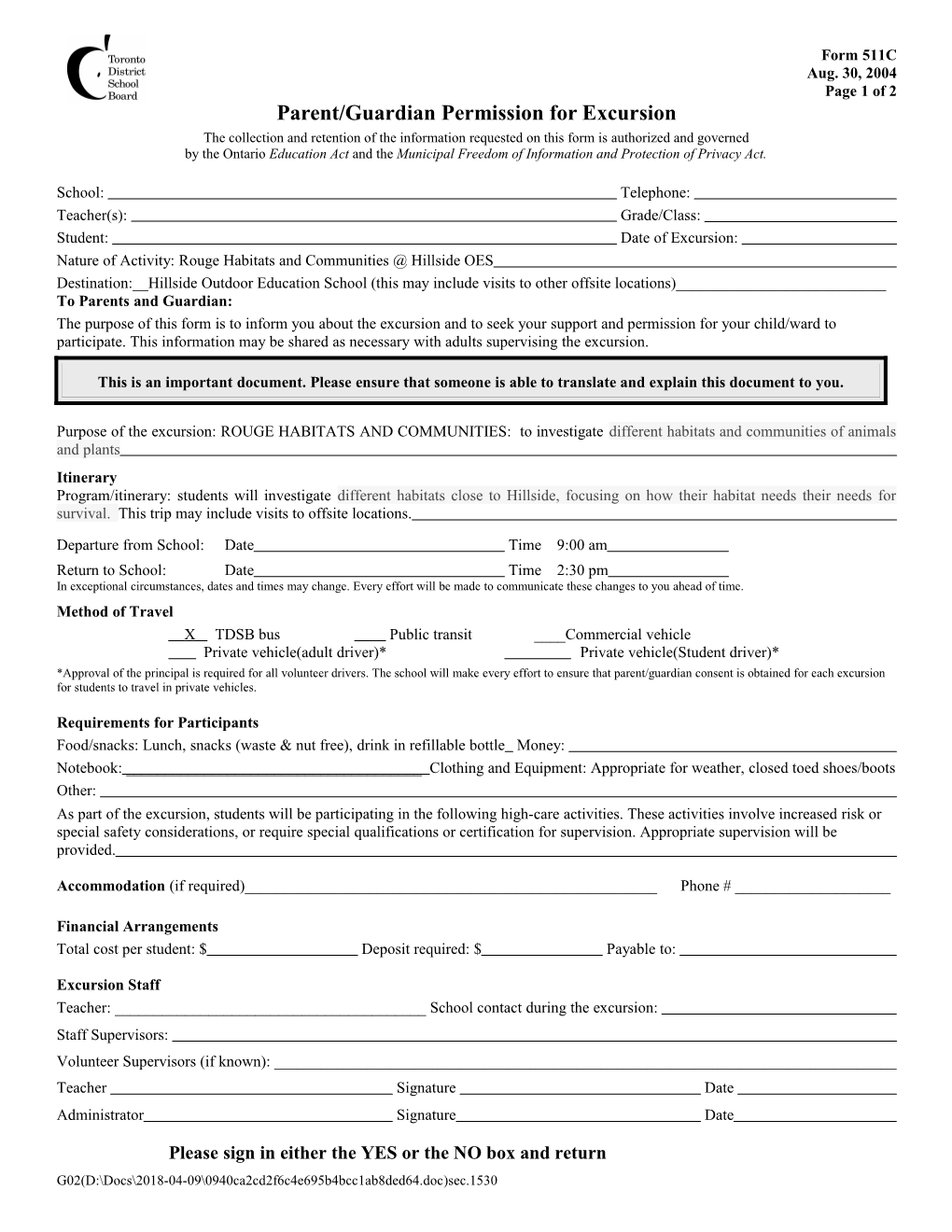 Form 511C: Parent/Guardian Permission for Excursion