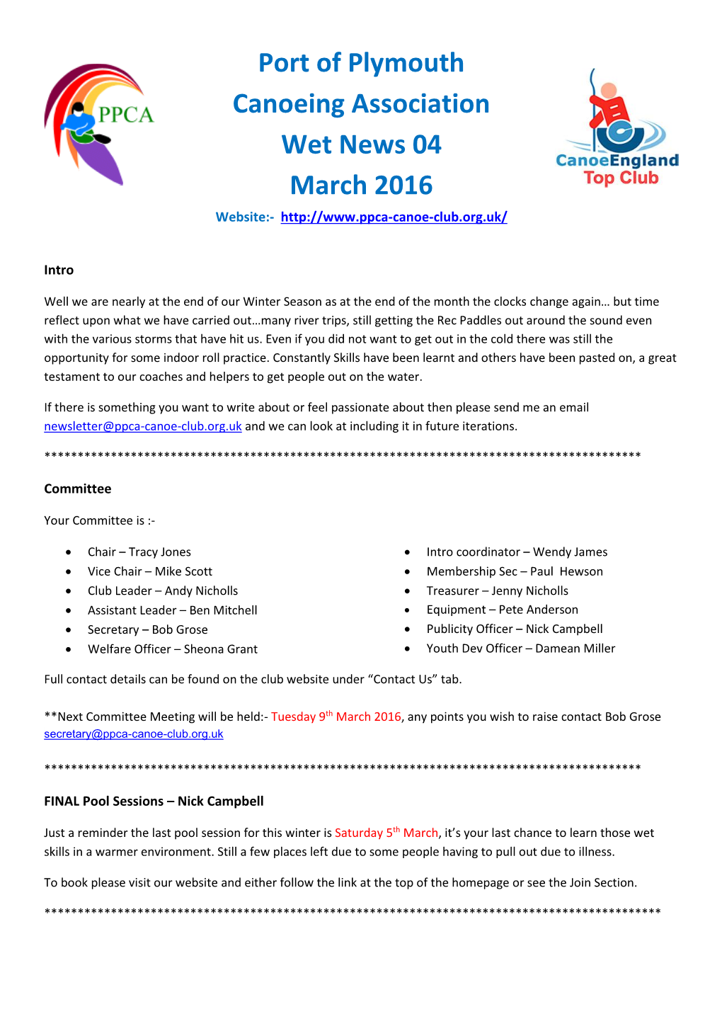 Port of Plymouth Canoeing Association Wet News 04 March 2016 Website
