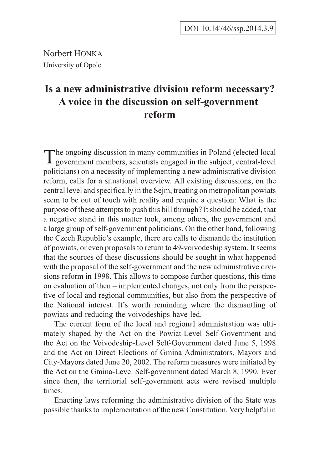 Is a New Administrative Division Reform Necessary? a Voice in the Discussion on Self-Government Reform