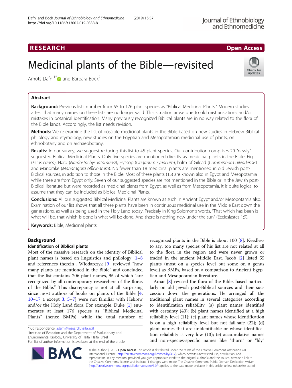 Medicinal Plants of the Bible—Revisited Amots Dafni1* and Barbara Böck2