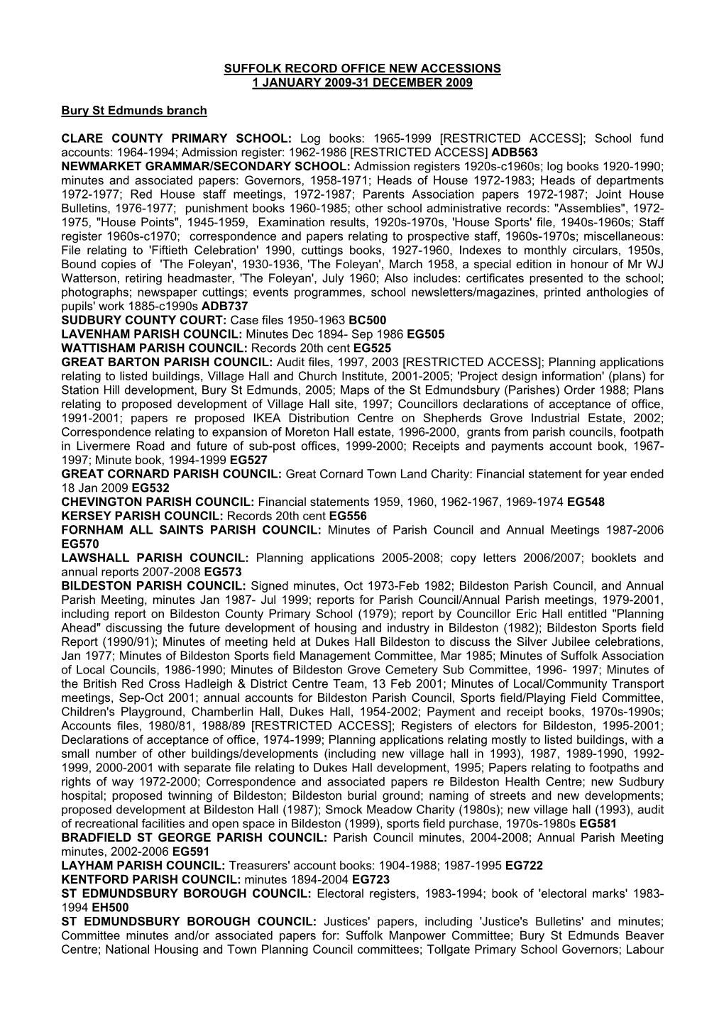 SUFFOLK RECORD OFFICE NEW ACCESSIONS 1 JANUARY 2009-31 DECEMBER 2009 Bury St Edmunds Branch CLARE COUNTY PRIMARY SCHOOL: Log