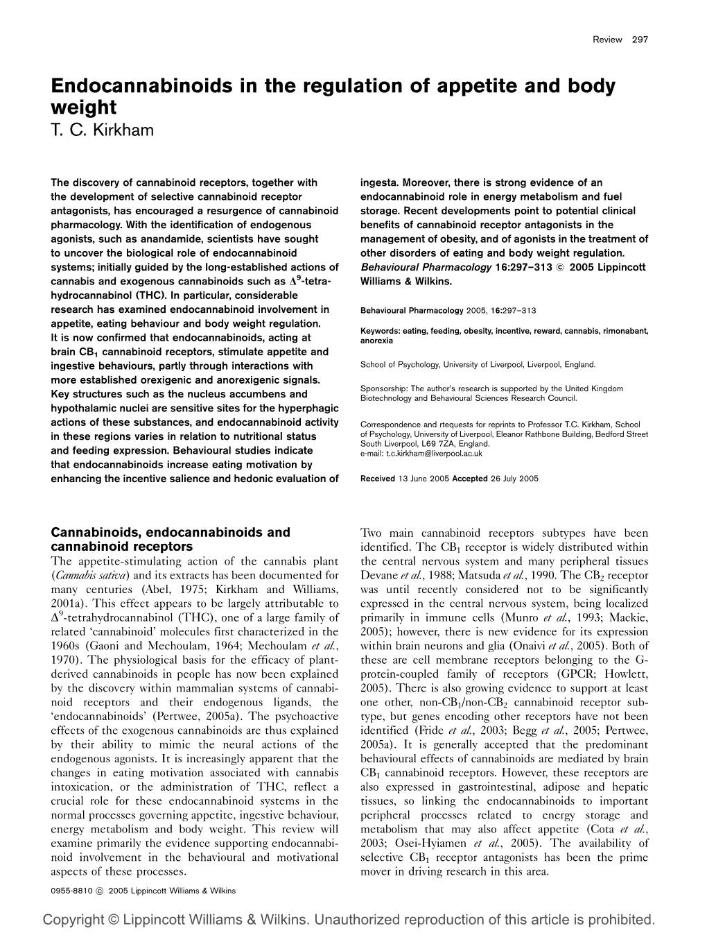 Endocannabinoids in the Regulation of Appetite and Body Weight T