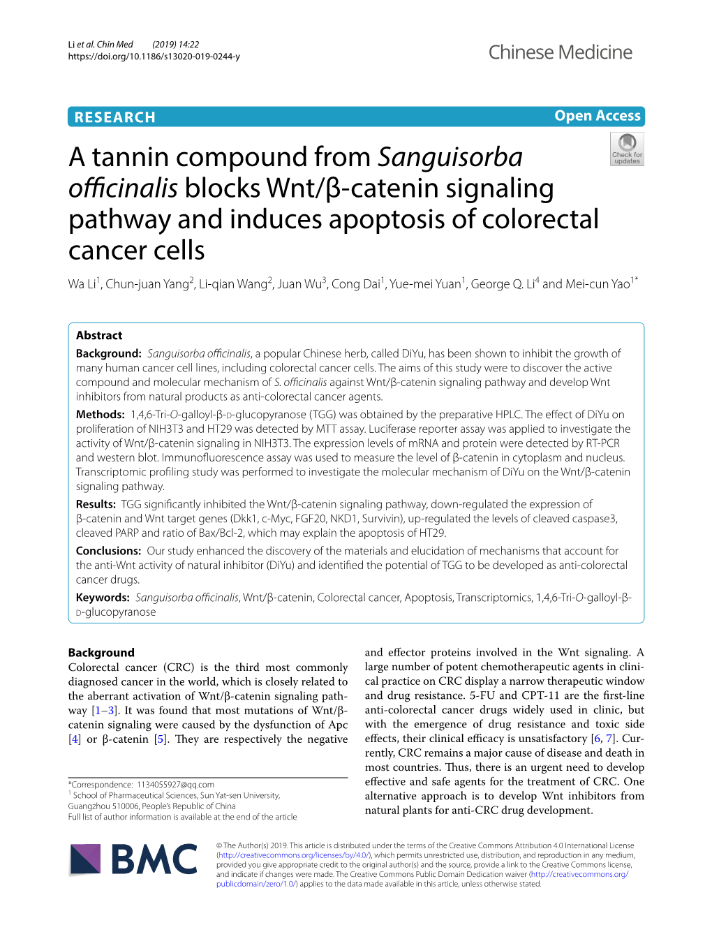 A Tannin Compound from Sanguisorba Officinalis Blocks Wnt/Β-Catenin