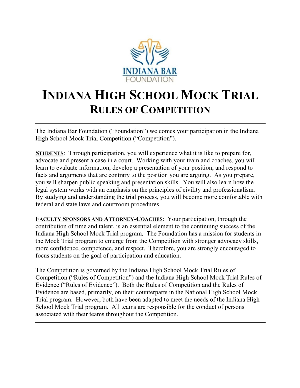 Indiana High School Mock Trial Rules of Competition