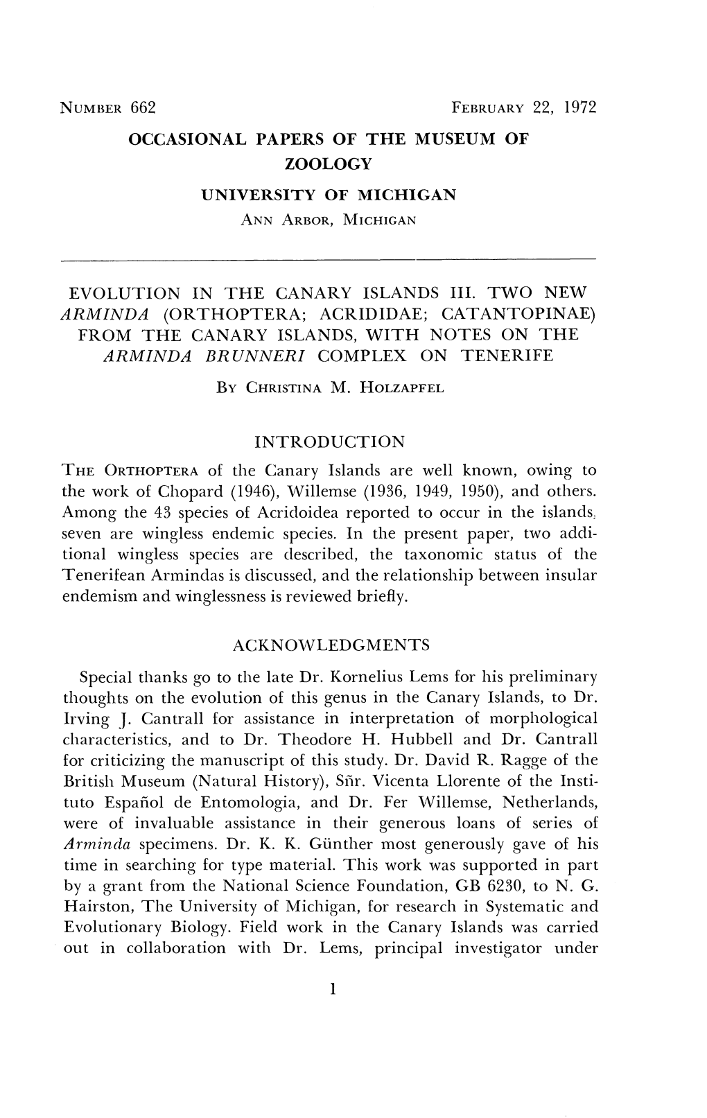 Occaslonal PAPERS of the MUSEUM of ZOOLOGY UNIVERSITY of MICHIGAN ANNARBOR