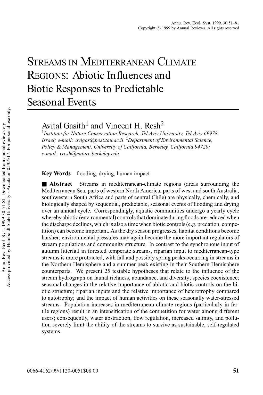 STREAMS in MEDITERRANEAN CLIMATE REGIONS: Abiotic Influences and Biotic Responses to Predictable Seasonal Events