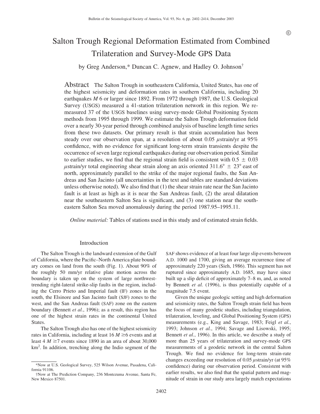 Salton Trough Regional Deformation Estimated from Combined Trilateration and Survey-Mode GPS Data by Greg Anderson,* Duncan C