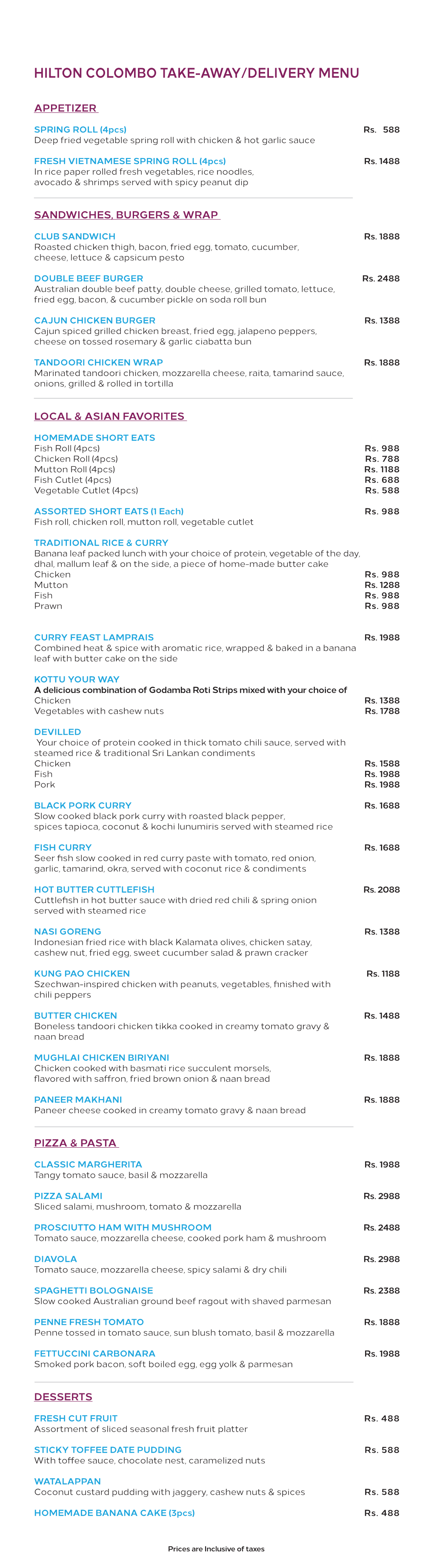 Hilton Colombo Take-Away/Delivery Menu