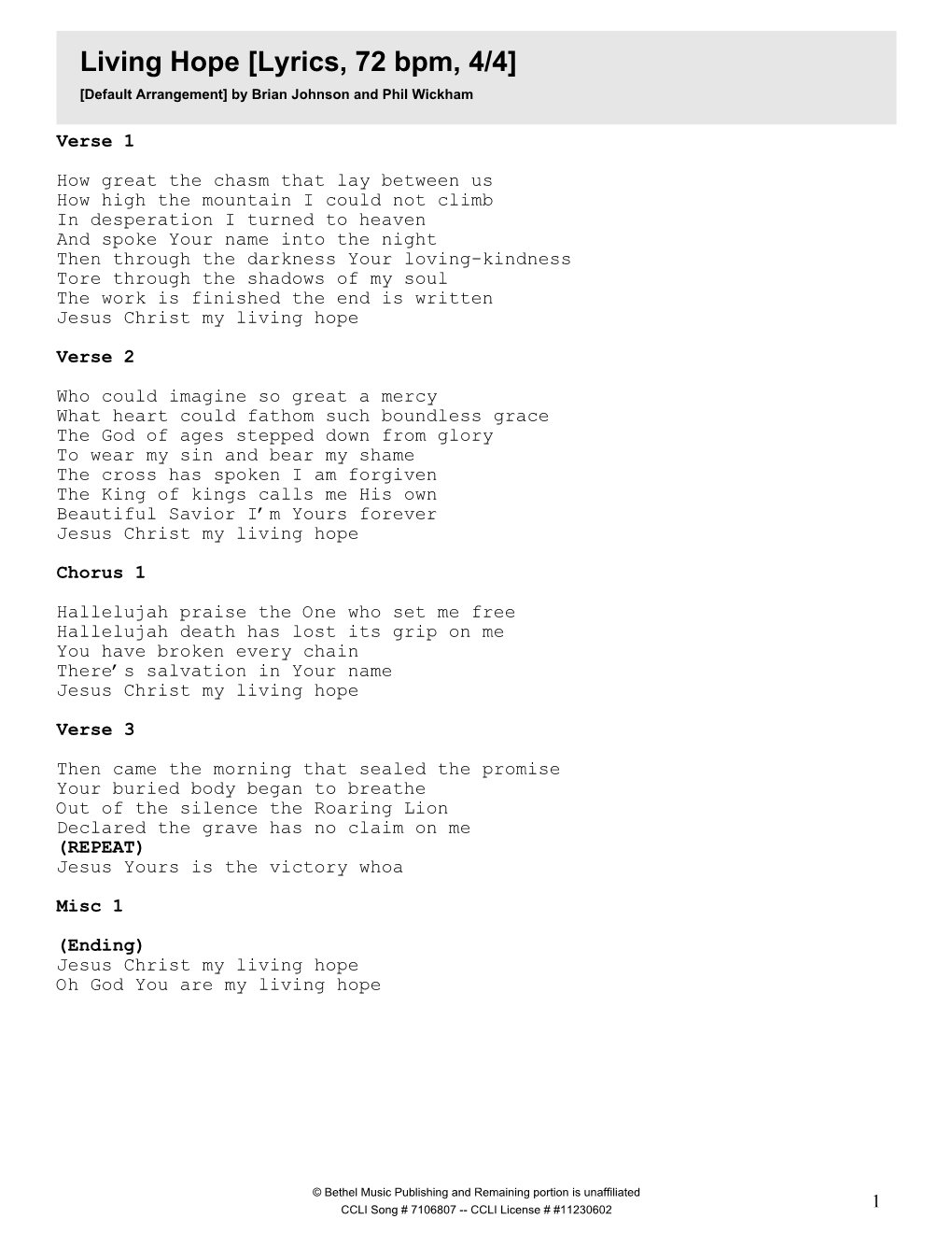 Living Hope [Lyrics, 72 Bpm, 4/4] [Default Arrangement] by Brian Johnson and Phil Wickham