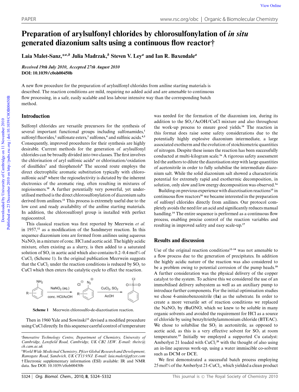 Preparation of Arylsulfonyl Chlorides by Chlorosulfonylation of in Situ Generated Diazonium Salts Using a Continuous ﬂow Reactor†