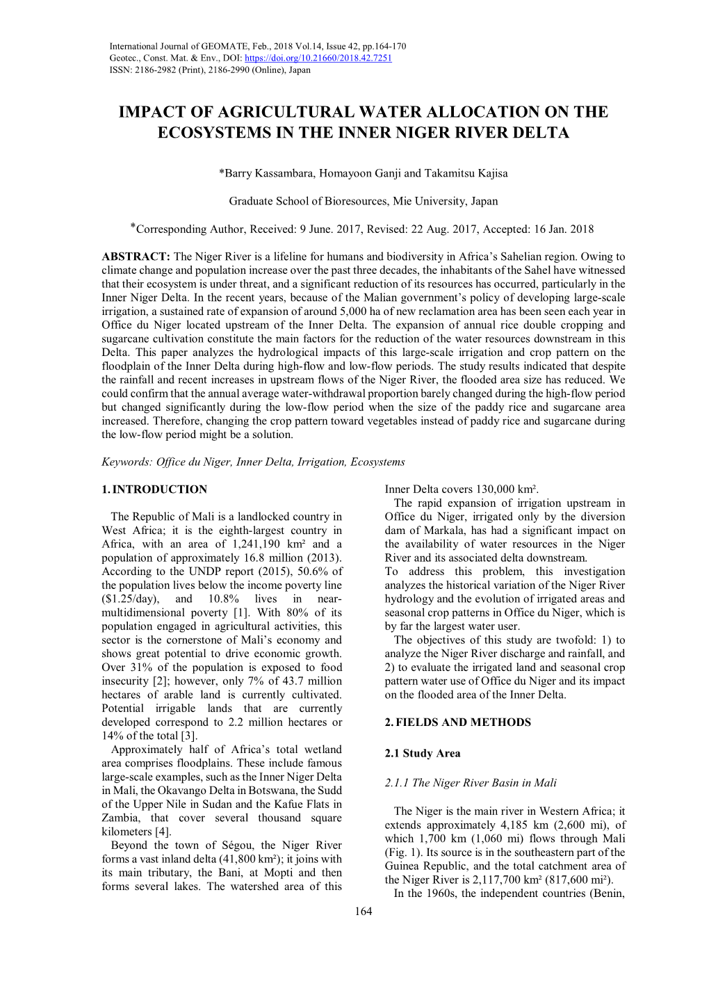 Impact of Agricultural Water Allocation on the Ecosystems in the Inner Niger River Delta