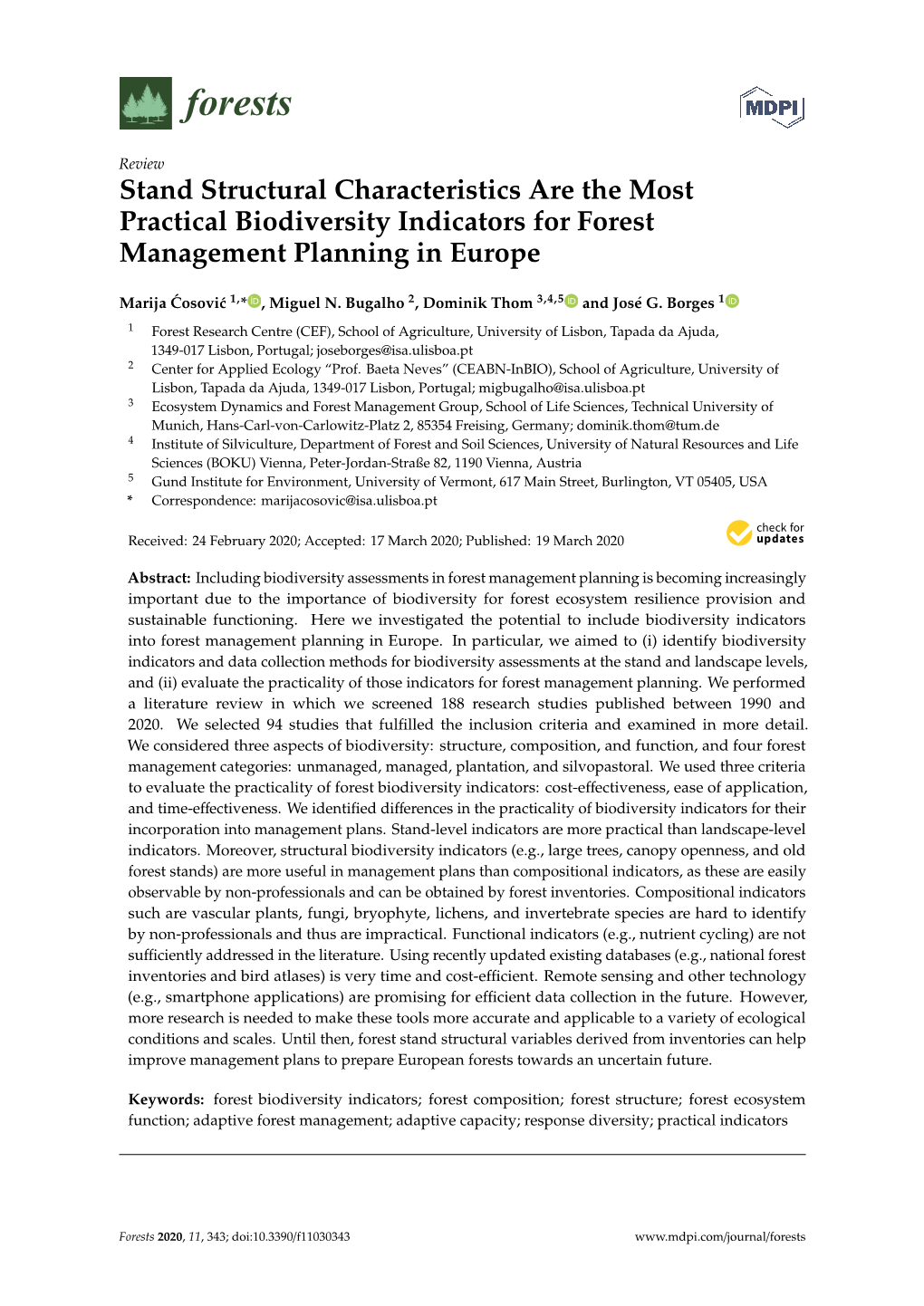 Stand Structural Characteristics Are the Most Practical Biodiversity Indicators for Forest Management Planning in Europe