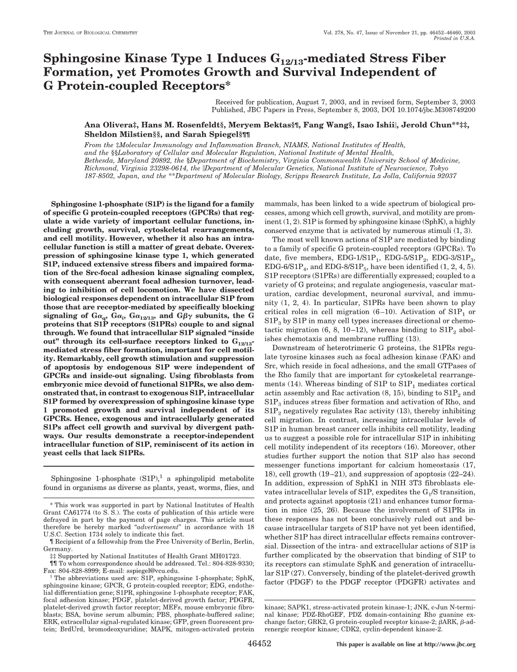 Sphingosine Kinase Type 1 Induces G12/13-Mediated Stress Fiber