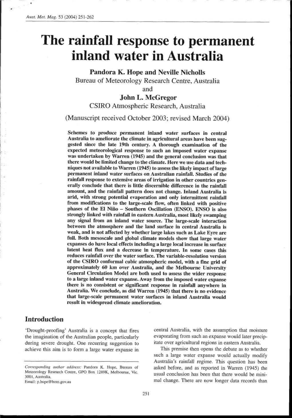 The Rainfall Response to Permanent Inland Water in Australia