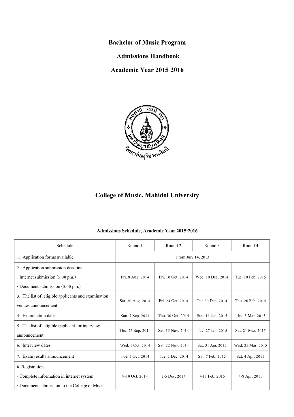 Bachelor of Music Program Admissions Handbook Academic Year 2015-2016