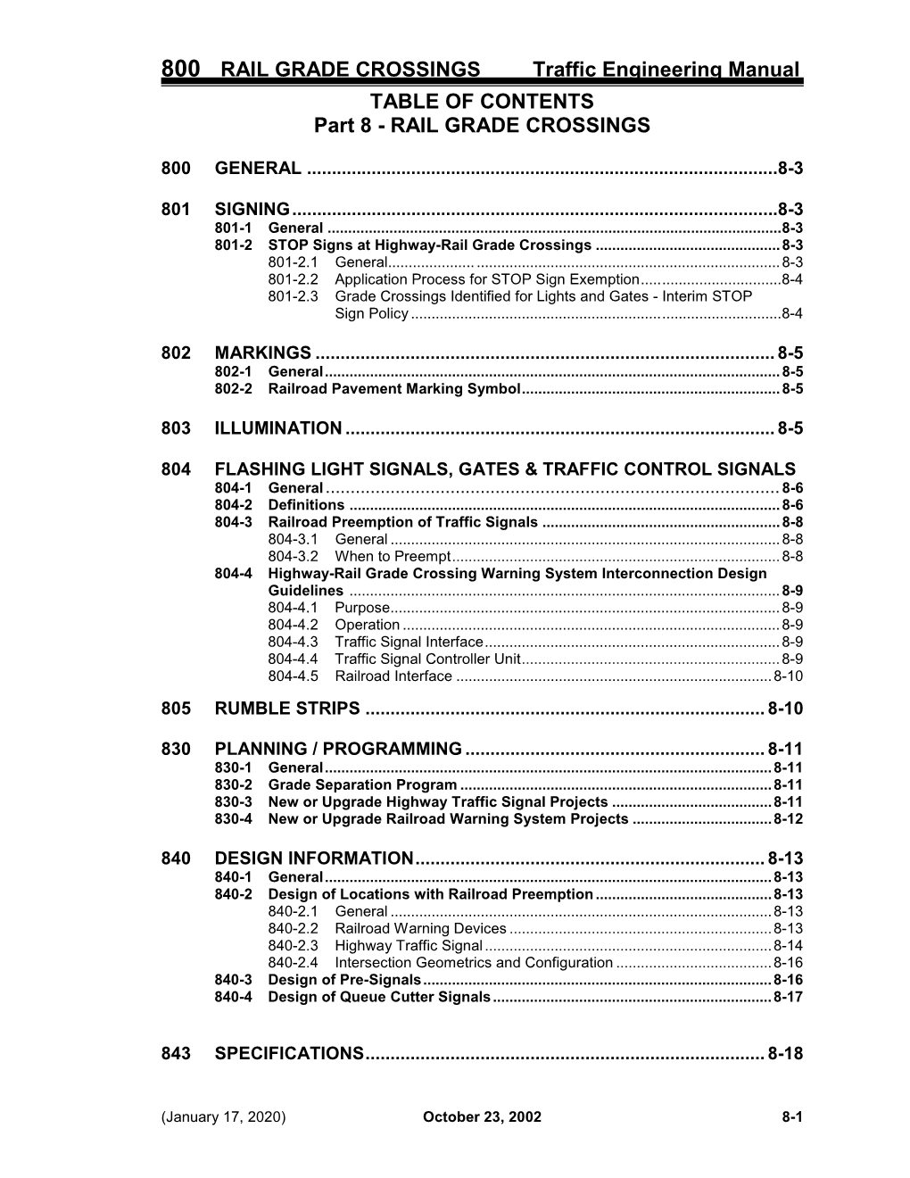 800 RAIL GRADE CROSSINGS Traffic Engineering Manual TABLE OF