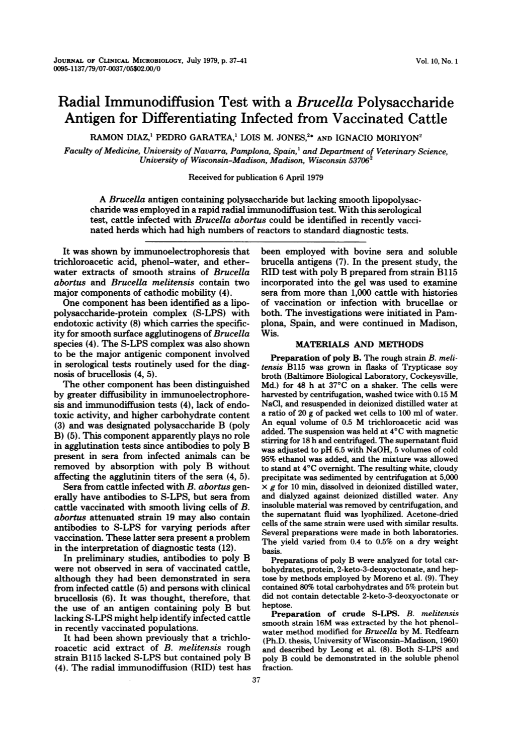 Radial Immunodiffusion Test with a Brucella Polysaccharide Antigen for Differentiating Infected from Vaccinated Cattle