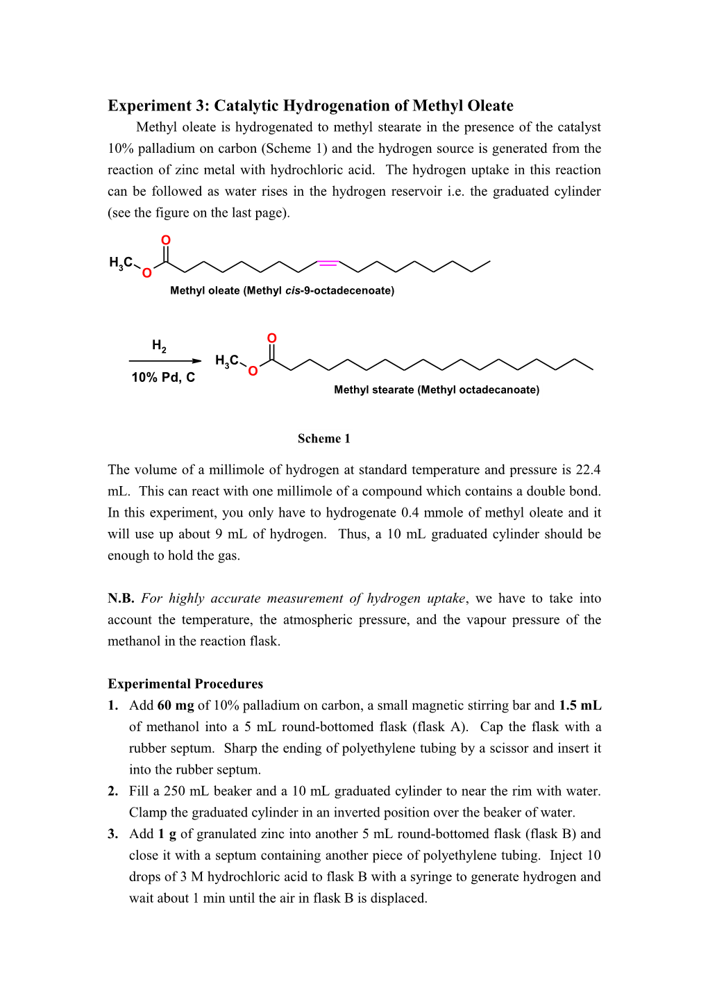 Experiment 3: Catalytic Hydrogenation of Methyl Oleate