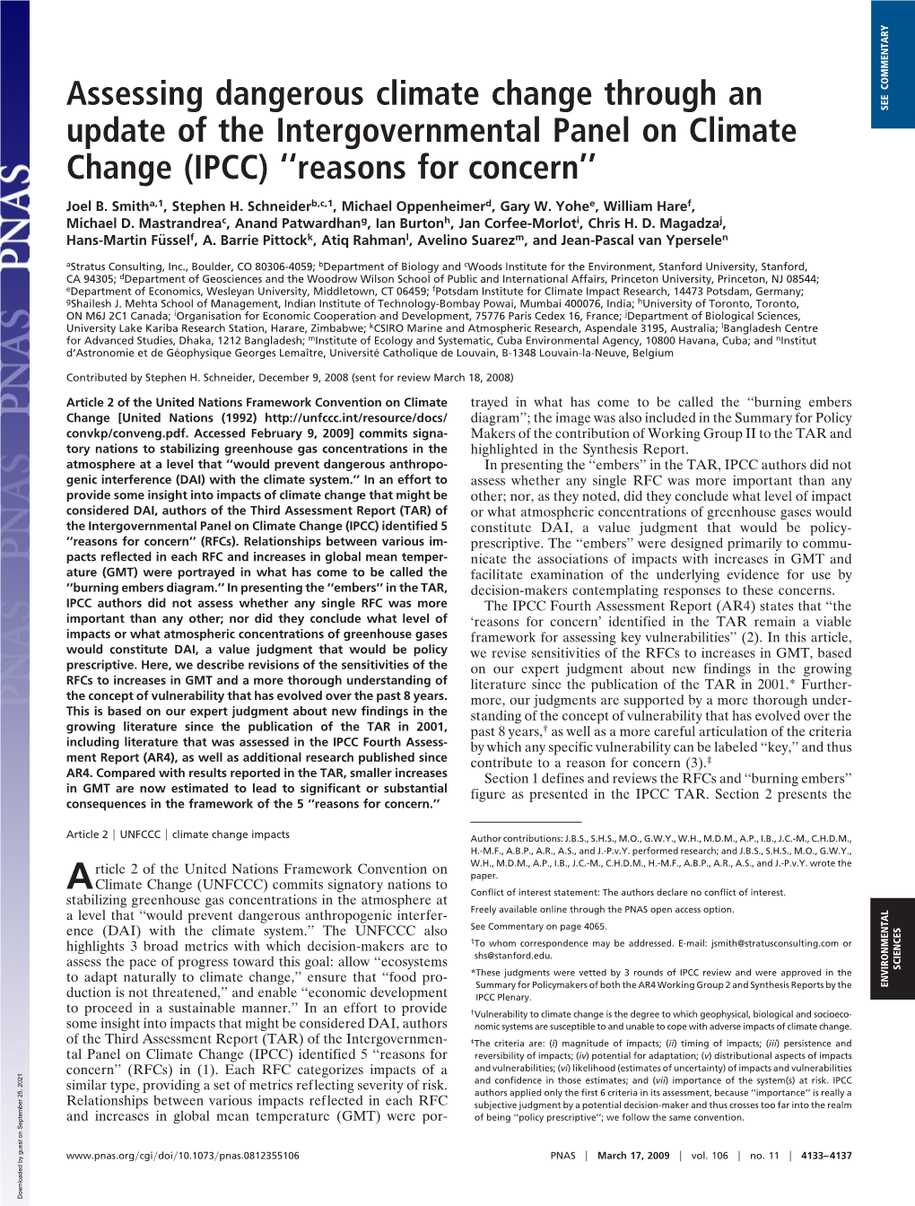 Dangerous Climate Change Through an SEE COMMENTARY Update of the Intergovernmental Panel on Climate Change (IPCC) ‘‘Reasons for Concern’’