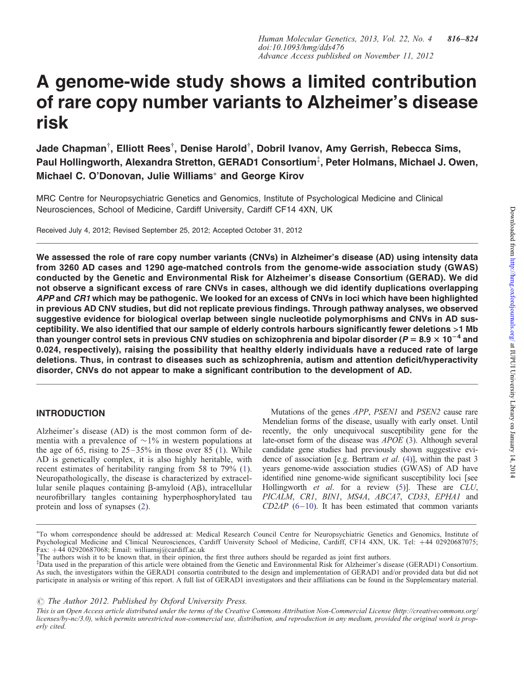 A Genome-Wide Study Shows a Limited Contribution of Rare Copy Number Variants to Alzheimer's Disease Risk