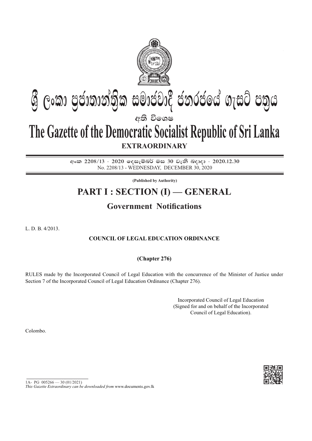 Y%S ,Xld M%Cd;Dka;%Sl Iudcjd§ Ckrcfha .Eiü M;%H W;S Úfyi the Gazette of the Democratic Socialist Republic of Sri Lanka EXTRAORDINARY