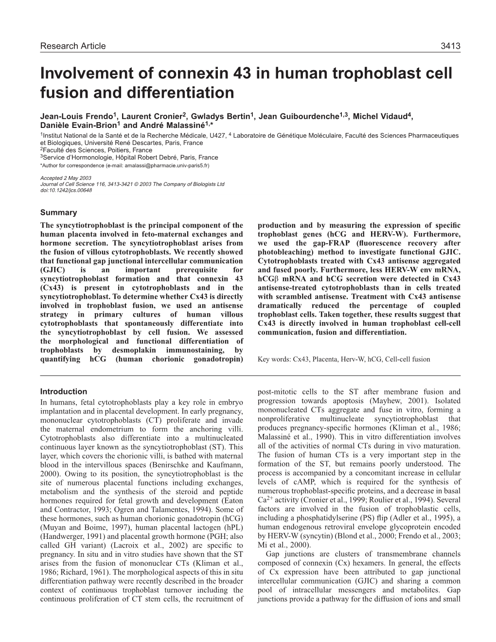 Involvement of Connexin 43 in Human Trophoblast Cell Fusion and Differentiation