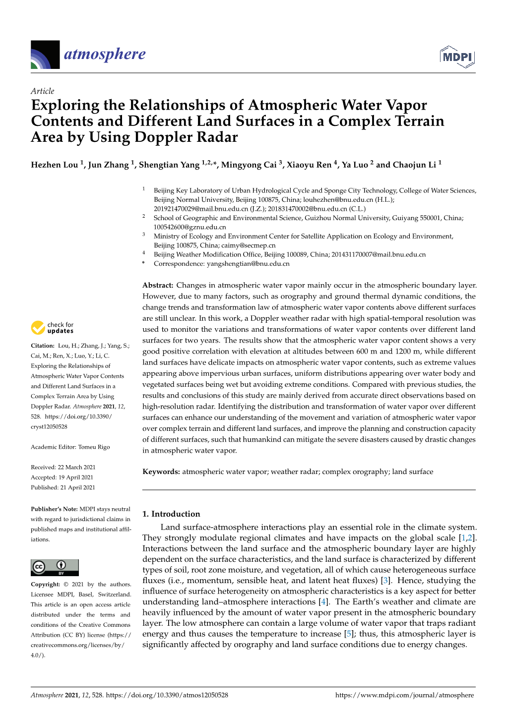 Exploring the Relationships of Atmospheric Water Vapor Contents and Different Land Surfaces in a Complex Terrain Area by Using Doppler Radar