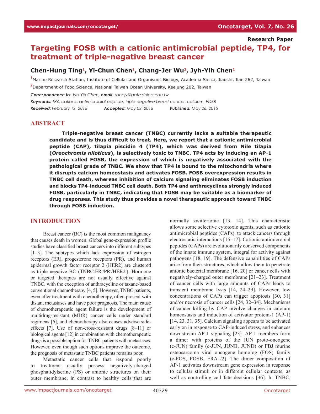 Targeting FOSB with a Cationic Antimicrobial Peptide, TP4, for Treatment of Triple-Negative Breast Cancer