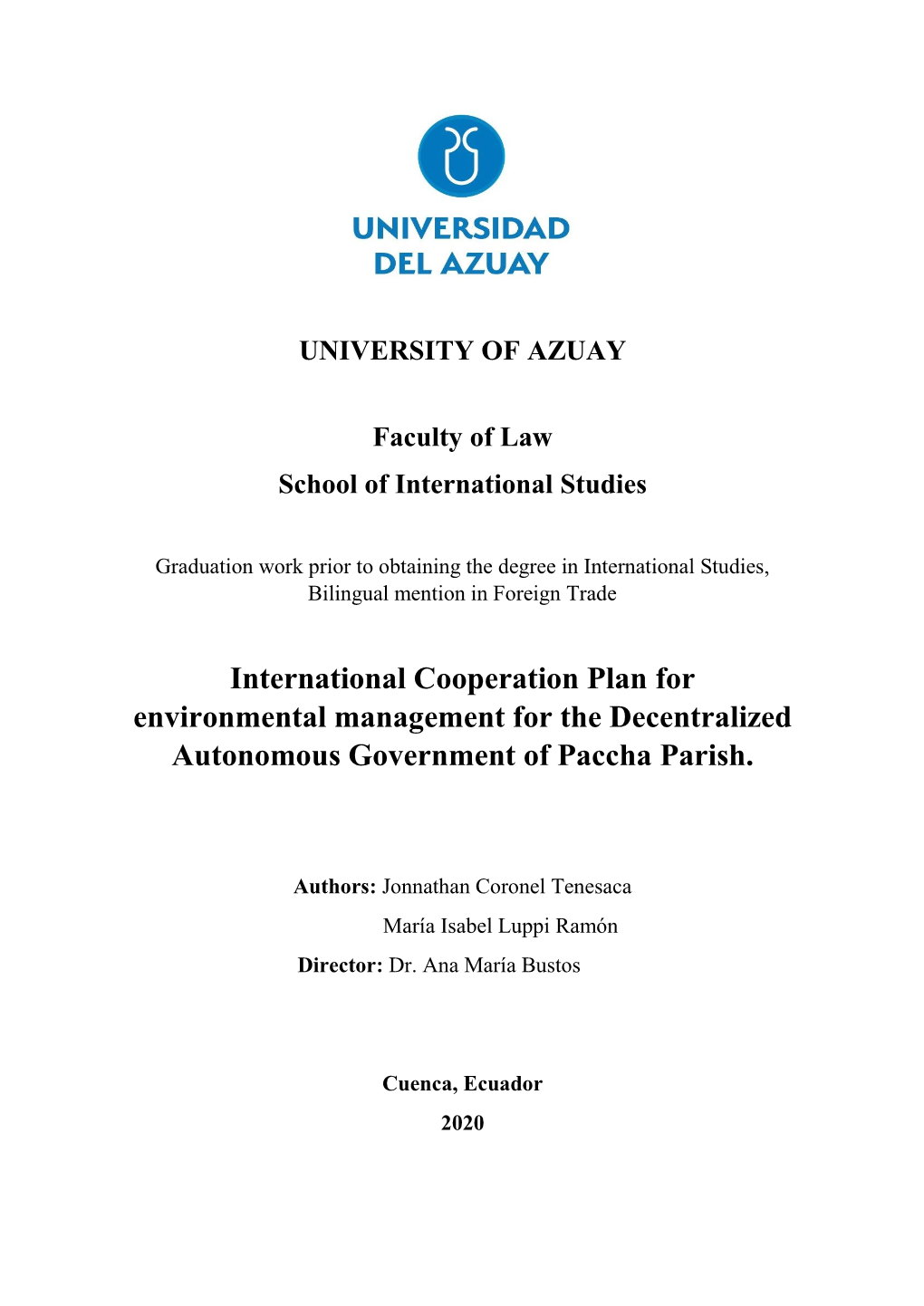 International Cooperation Plan for Environmental Management for the Decentralized Autonomous Government of Paccha Parish