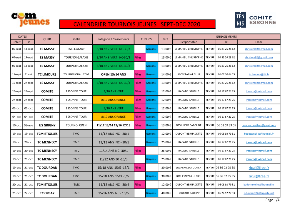 Calendrier Tournois Jeunes Sept-Dec 2020