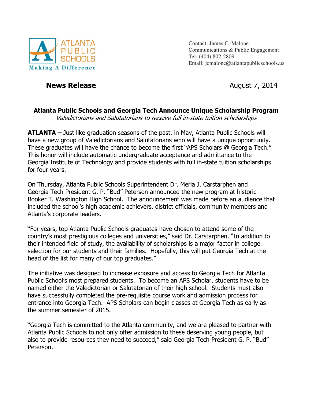 APS and Georgia Tech Announces Partnership.Pdf