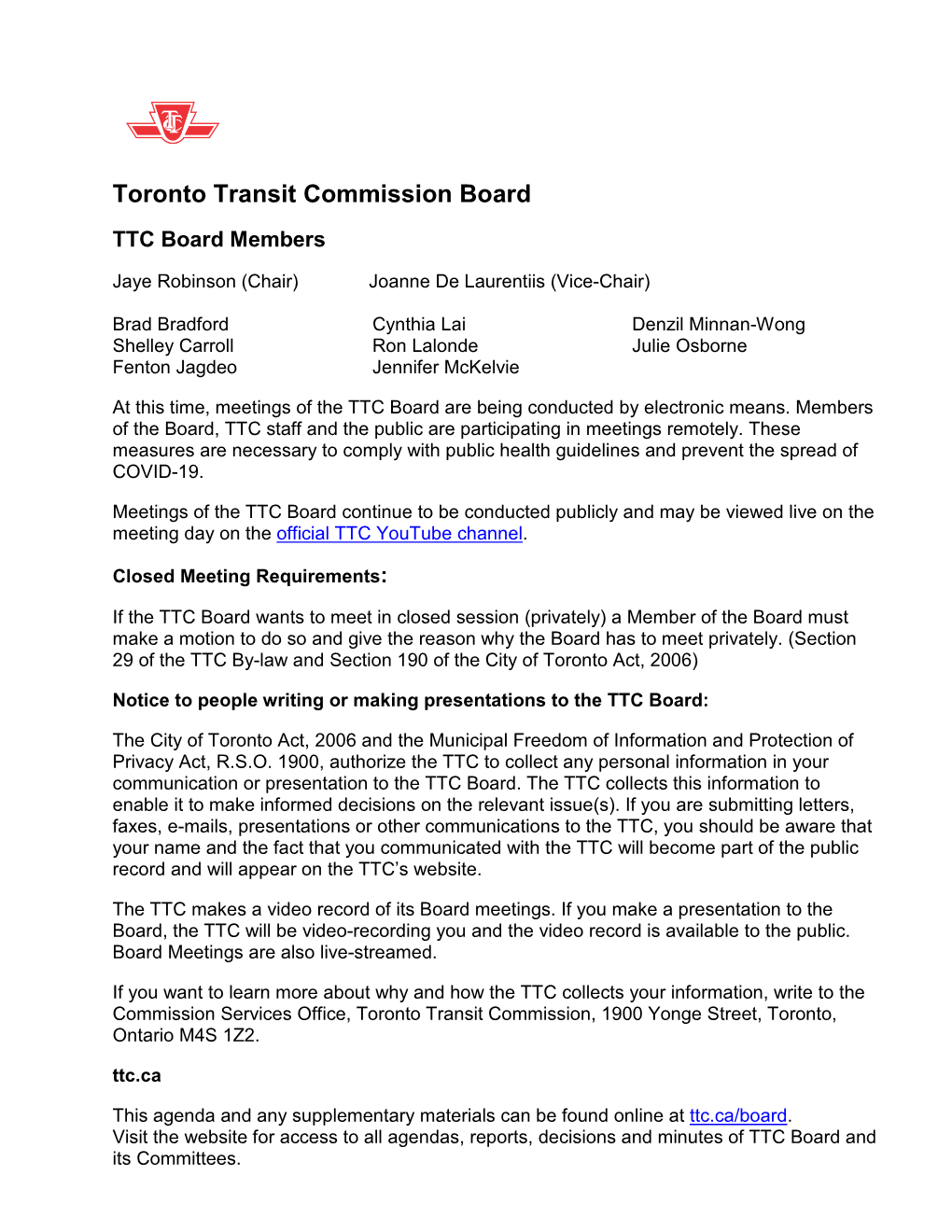 Toronto Transit Commission Board TTC Board Members