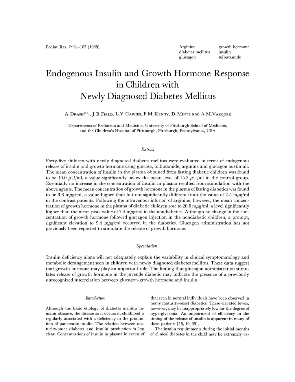 Endogenous Insulin and Growth Hormone Response in Children with Newly Diagnosed Diabetes Mellitus