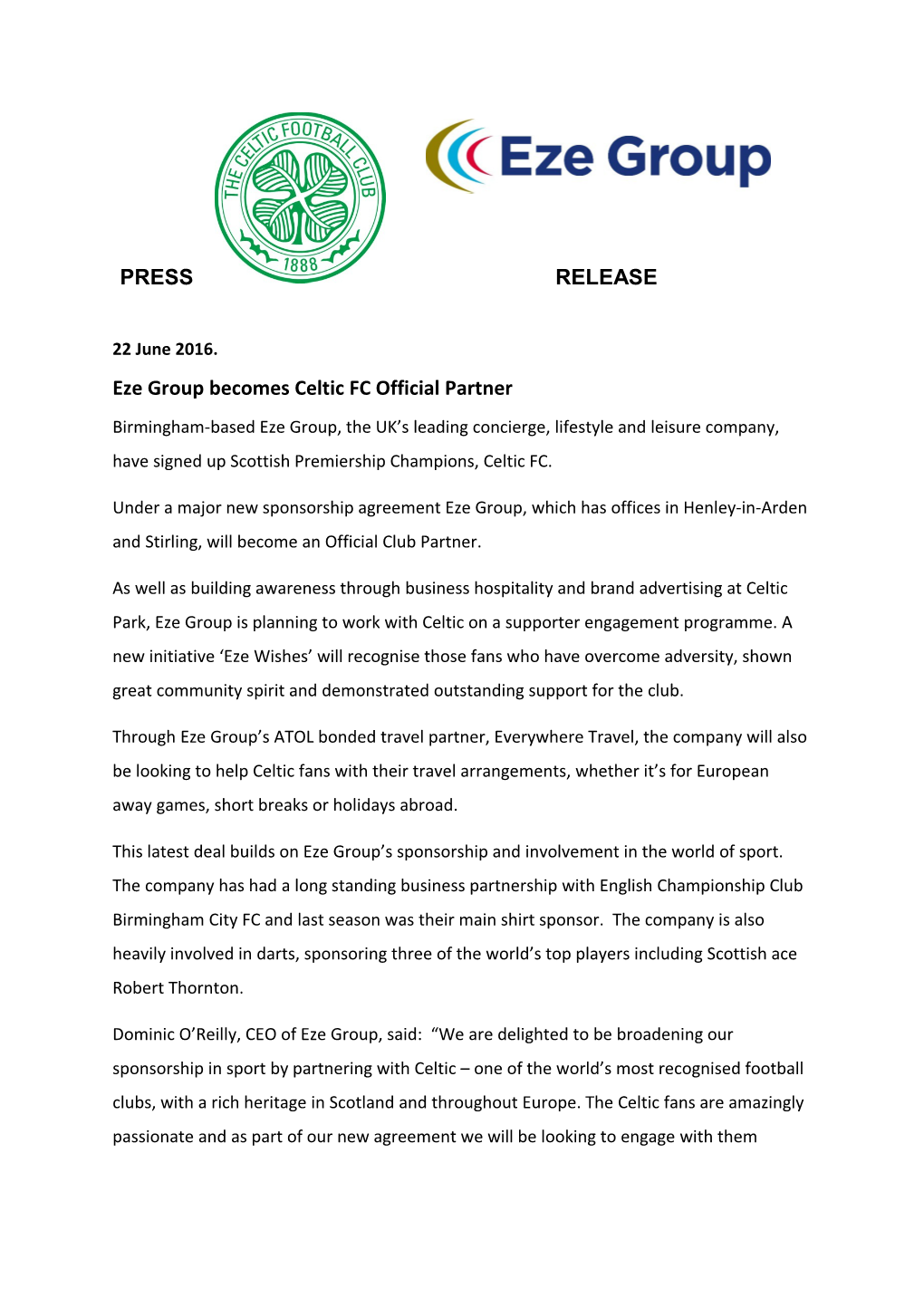 Eze Group Becomes Celtic FC Official Partner