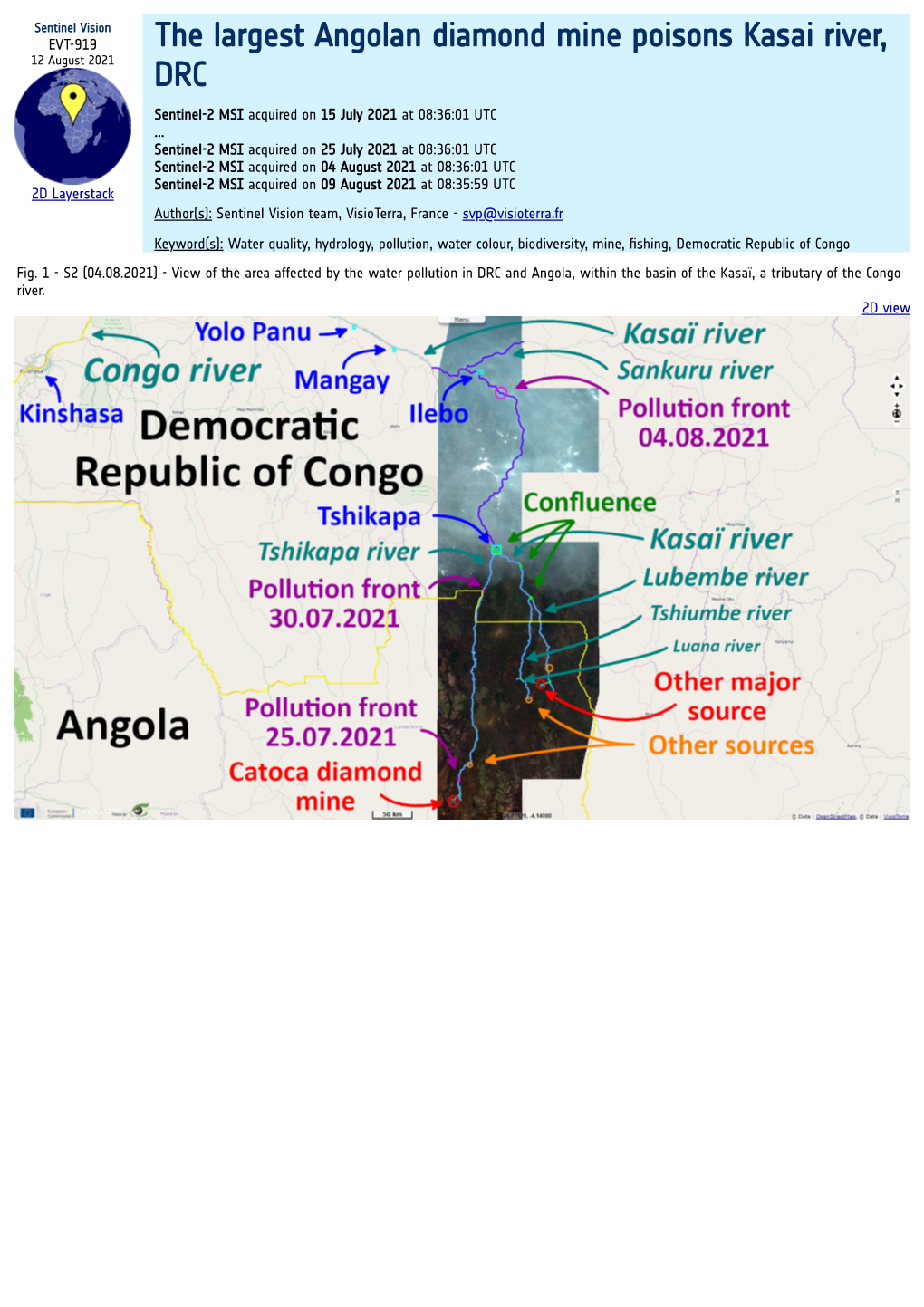 The Largest Angolan Diamond Mine Poisons Kasai River, 12 August 2021 DRC Sentinel-2 MSI Acquired on 15 July 2021 at 08:36:01 UTC