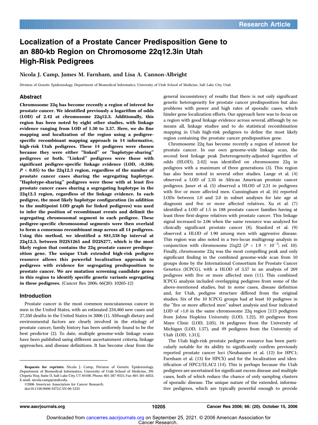 Localization of a Prostate Cancer Predisposition Gene to an 880-Kb Region on Chromosome 22Q12.3 in Utah High-Risk Pedigrees