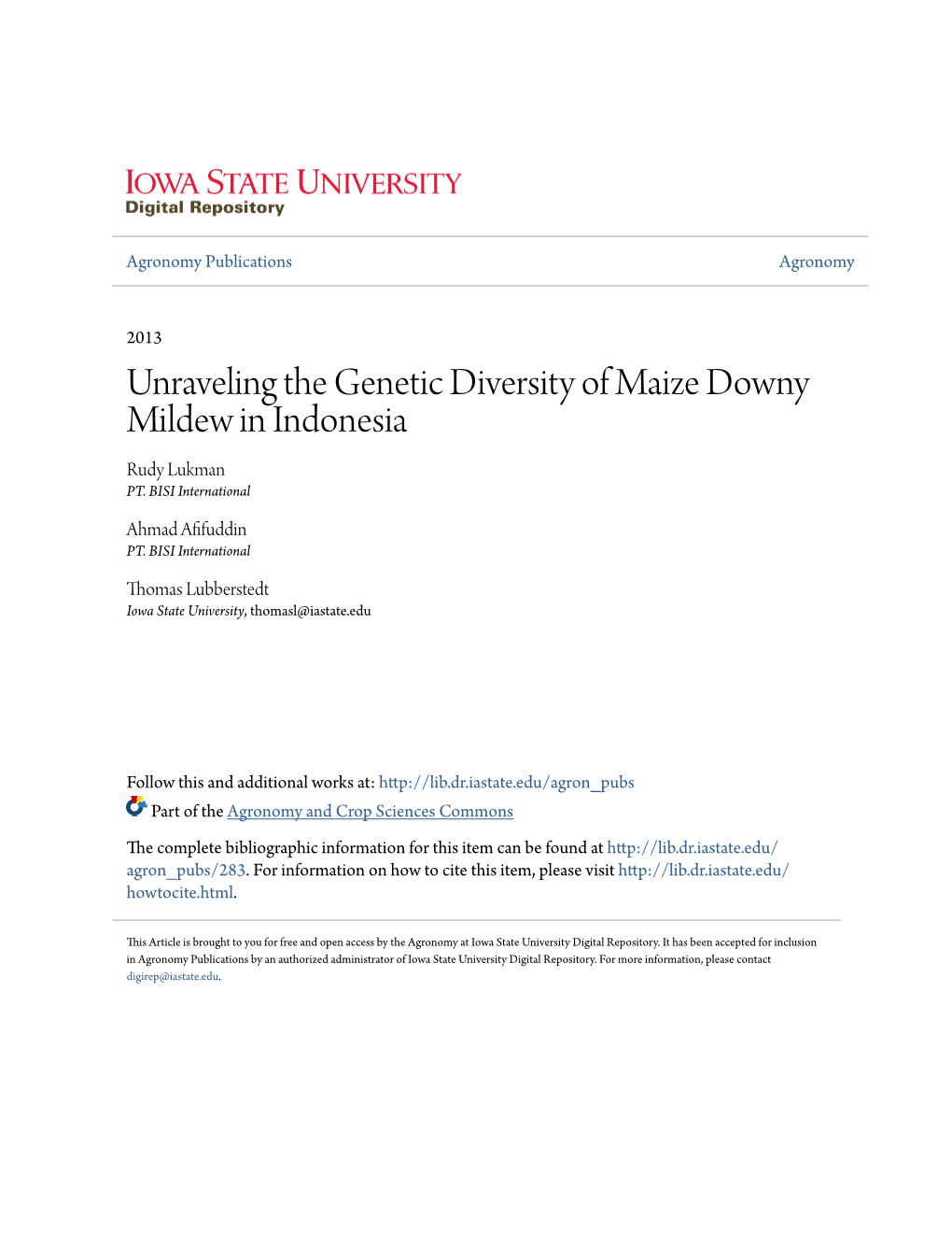 Unraveling the Genetic Diversity of Maize Downy Mildew in Indonesia Rudy Lukman PT