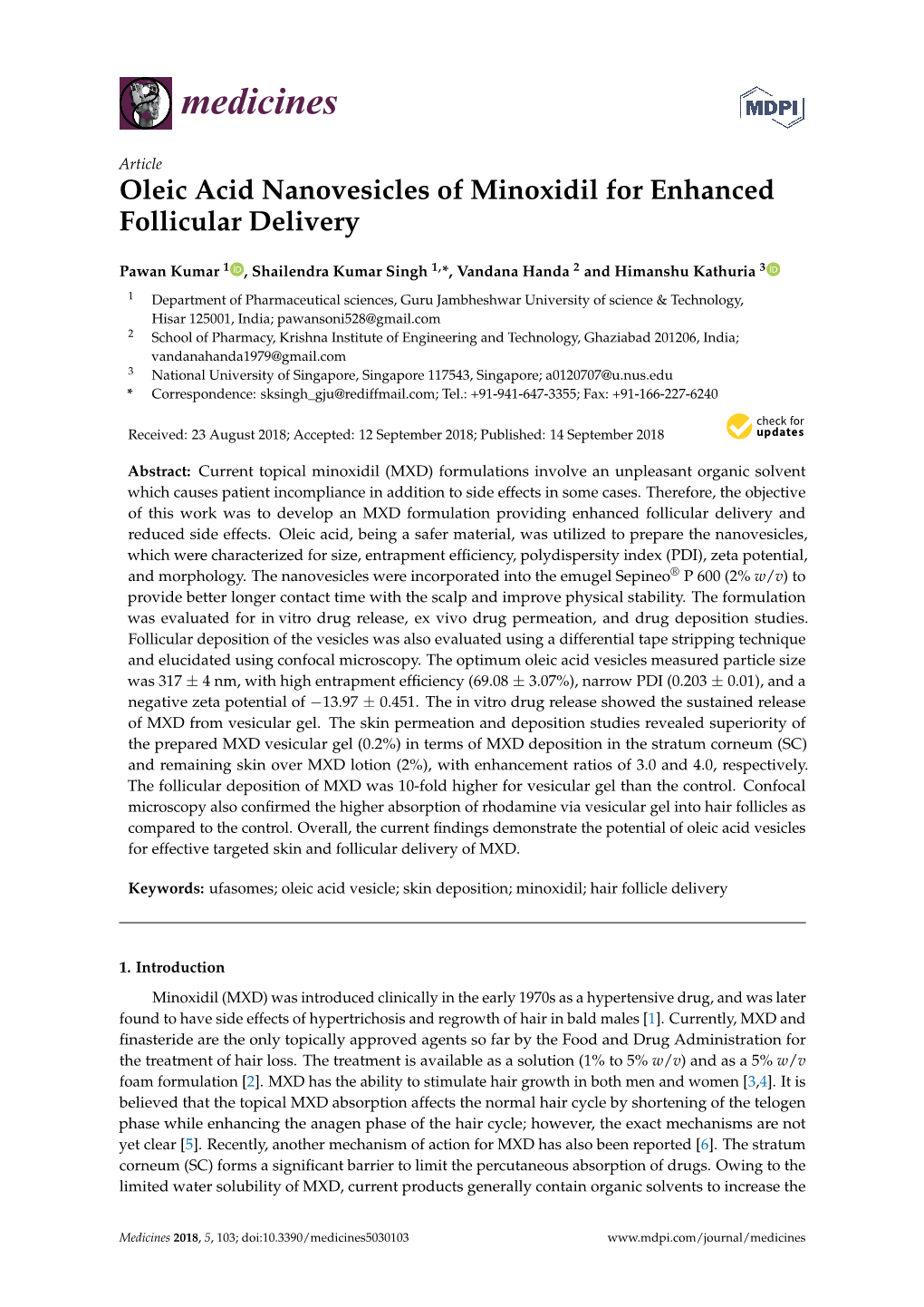 Oleic Acid Nanovesicles of Minoxidil for Enhanced Follicular Delivery